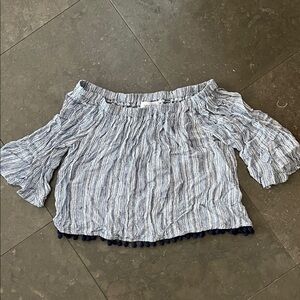 Striped Off-Shoulder Blouse with Pom-Pom Trim